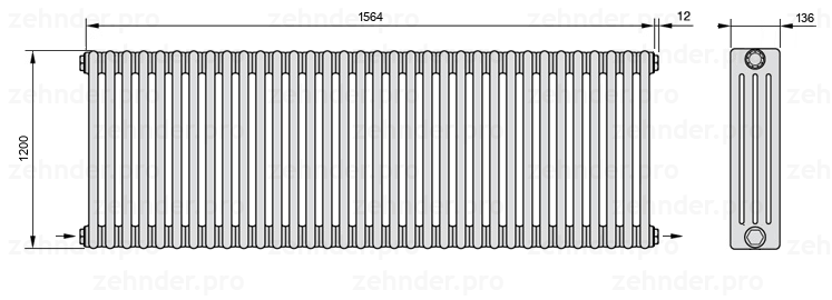 Схема (чертеж) Радиатор Zehnder Charleston 4120/34 №2670 Белый глянцевый RAL 9016